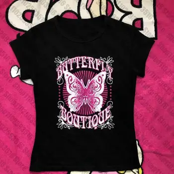 Butterfly y2k Baby tee, Топ с коротким рукавом, Уличная футболка, Женская футболка с аниме в стиле Панк, Женский Летний топ 2023 90-х, винтажный Готический эмо