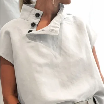 Модные Женские блузки 2023 Летние хлопчатобумажные льняные блузки Mujer, Стильная Белая рубашка, Элегантные Легкие туники с коротким рукавом