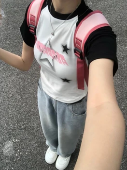 Повседневная универсальная женская футболка Y2k Aesthetic, Винтажный летний укороченный топ с буквенным принтом в виде звезды, футболки контрастного цвета в стиле пэчворк, женские футболки