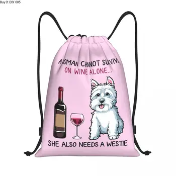 Westie And Wine, сумка на шнурке с рисунком забавной собаки, складная спортивная сумка для спортзала, рюкзаки для покупок с Вест-Хайленд-Уайт-терьером