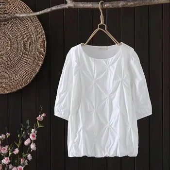 Женские топы из 100% хлопка в богемном стиле, пуловер, японский стиль, модная дизайнерская рубашка y2k с коротким рукавом, Белая, черная, в складку, однотонная рубашка