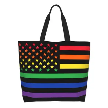 Изготовленная на заказ холщовая сумка для покупок с радужным флагом Америки, ЛГБТ-гей-прайда, женская моющаяся Большая вместительная сумка для покупок в продуктовых магазинах