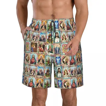 Коллаж с изображениями католических Святых, Шорты свободного покроя с плоской передней частью для мужчин, пляжные брюки с завязками, комфортные шорты для дома