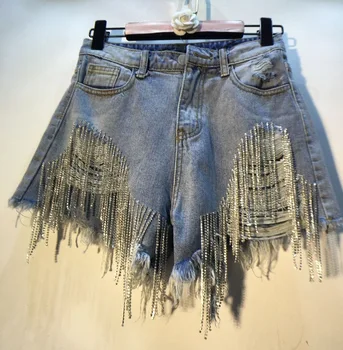 Европейские летние джинсовые шорты с высокой талией, Рваная цепочка со стразами и кисточками, Тонкие Прямые джинсовые шорты для женщин