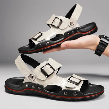 Летние мужские бежевые сандалии для отдыха, крутые пляжные мужские повседневные туфли из натуральной кожи, роскошные мужские тапочки в стиле ретро, Модные римские сандалии
