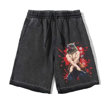 Шорты Demon Slayer, мужские винтажные шорты, 100% хлопок, свободные пятые брюки в стиле ретро, оверсайз, уличная одежда Harajuku, шорты