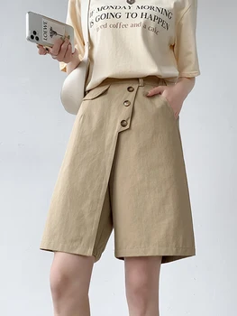FTLZZ, Летние повседневные женские шорты с эластичной резинкой на талии, широкие брюки, Винтажные женские Свободные шорты трапециевидной формы на пуговицах, модные уличные брюки-кюлоты