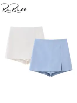 BlingBlingee Y2K Синие женские шорты-юбки Traf 2023 Летние повседневные шорты на молнии с высокой талией и разрезом спереди, Женские короткие брюки
