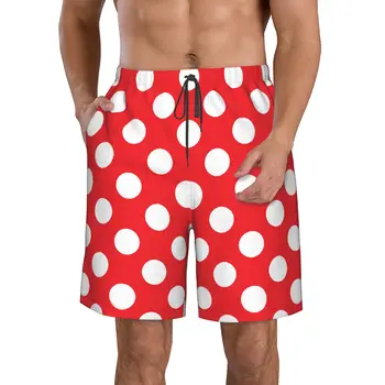 Плавки в красный и белый горошек, мужские быстросохнущие шорты для плавания, эластичные водные пляжные шорты с компрессионной подкладкой, карман на молнии S