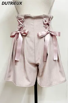 Милые облегающие розовые короткие брюки на подтяжках в стиле Лолиты, женские эластичные шорты с высокой талией на шнуровке и бантом, новые весенне-летние шорты 2023 года,