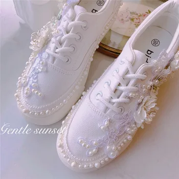 Сказочный белый жемчуг, парусиновая обувь для невесты, свадебные туфли на плоской подошве, стразы, кроссовки на платформе, весенние милые женские повседневные теннисные туфли