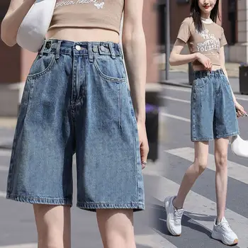 Летние женские джинсовые шорты в стиле ретро, новинка 2023 года, с высокой талией, с широкими штанинами, для похудения, прямые джинсовые шорты Fifth, женские шорты