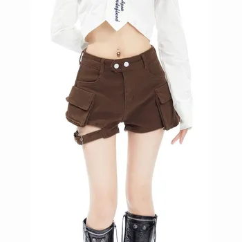 Джинсовые юбки, женские летние однотонные винтажные Корейские модные универсальные карманы с высокой талией, повседневные короткие брюки