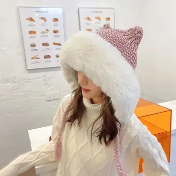 Новая женская зимняя теплая милая шапочка-бини с кошачьими ушками, женские Вязаные крючком шапочки-ушанки с тесьмой для женщин