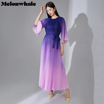 Платье Miyake с круглым вырезом и длинным рукавом, плиссированное с градиентом MelonWhale, с поясом, Корейское повседневное женское дизайнерское платье 2023, летняя новая одежда