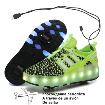 Размер 27-38 Кроссовки со светодиодными колесами для детей и взрослых, заряжающиеся от USB, светящиеся роликовые туфли с подсветкой, двойные колеса, детская обувь для катания на коньках