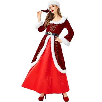 Роскошный Красный бархатный женский сексуальный Рождественский костюм Санта-Клауса, Рождественский костюм королевы Косплея, длинное платье