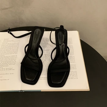 2023 Лето, Новая женская мода на сандалии с узким ремешком на щиколотке, Гладиаторские туфли на тонком высоком каблуке, женские туфли-лодочки